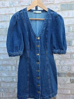 ZARA Denim Puff-Sleeve Button Mini Dress